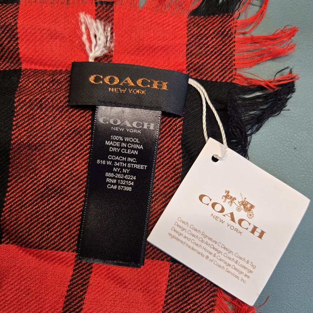 COACH 100% Wool Mount Red Plaid Oversized Square Scarf NWT - Picture 4 of 4